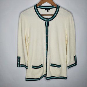 Talbots Womens Cream Pearl Button Front Cardigan Size M Blue Green Trim Career
